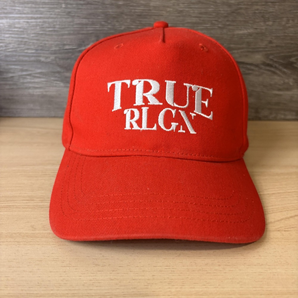 True Religion Hat Cap Snap Back Red White Embroidered Baseball Spell Out Mens